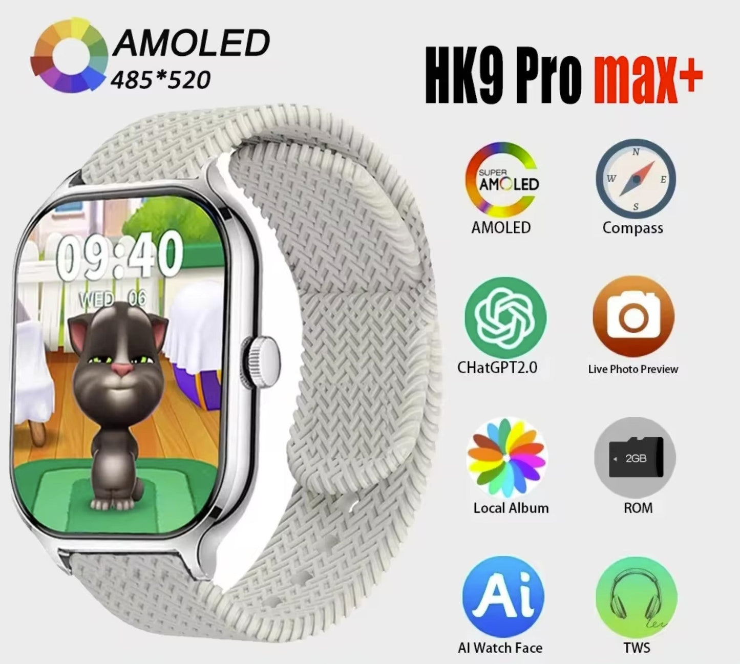 HK9 PRO MAX+ SMARTWATCH 2.02 AMOLED SCREEN SUPPORT LOCAL MUSIC TWS CONNECTION