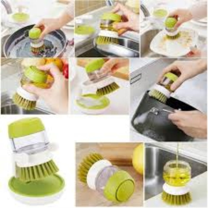 Dish washing brush with liquid dispenser storage stand