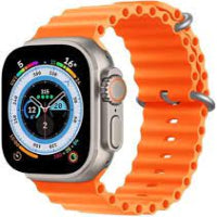 Smartwatch with an orange silicone band on a white background
