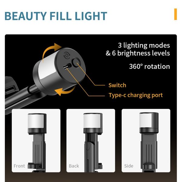 Selfie stick with fill light and tripod